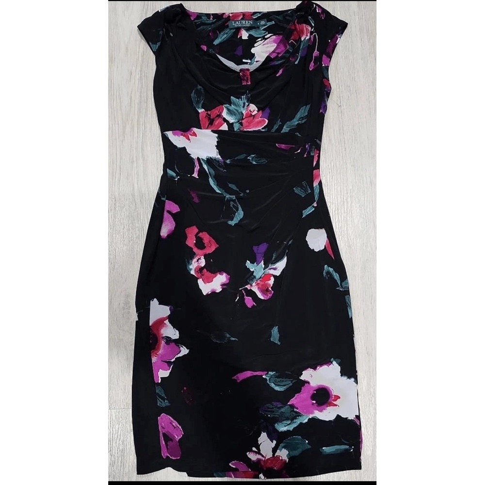 Lauren Ralph Lauren Women M Sheath Dress Black Floral Ruched Cowl Neck Sleeves